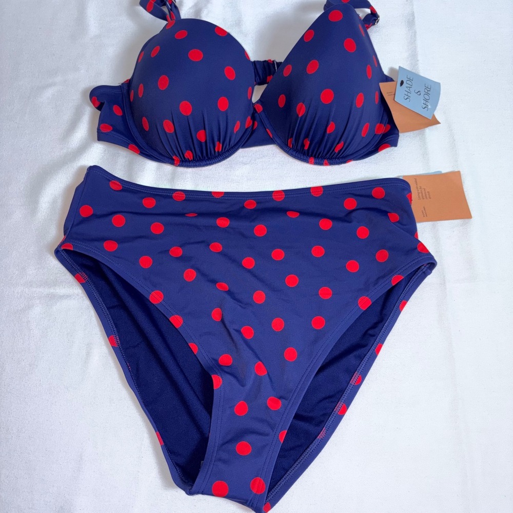 Shade & Shore Bikini Set 38D Navy Blue Red Polka Dot NEW High Waist Underwire L